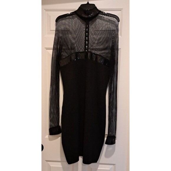 ST JOHN by Marie Gray: Black Dress Size 10 Long Sleeves Sequin Mesh Metallic - Picture 1 of 16